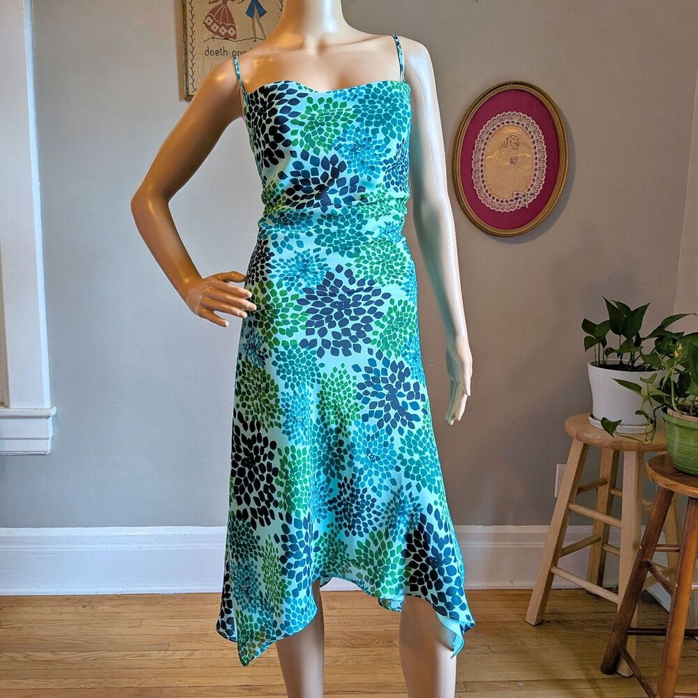 Vintage Y2K Express Midi Dress Blue Foliage Cowl Neck Summer Size 11/12